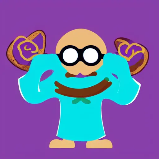 Prompt: bread toast character wearing eyeglasses and a blue flower, logo, flat style