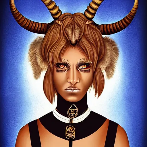 Image similar to illustrated portrait of ram-horned devil woman with blue bob hairstyle and tanned #FFA500 colored skin and with solid black eyes wearing leather by rossdraws