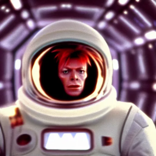 Image similar to film still of David Bowie as David Bowman in 2001 a space odyssey, 4k