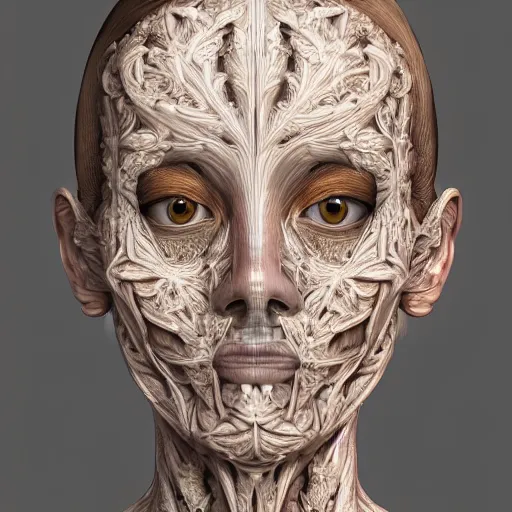 Image similar to beatifull frontal face portrait of a woman, 150 mm, anatomical, flesh, flowers, mandelbrot fractal, facial muscles, veins, arteries, symmetric, intricate, microscopic, elegant, highly detailed, ornate, ornament, sculpture, elegant , luxury, beautifully lit, ray trace, octane render in the style of peter Gric and alex grey