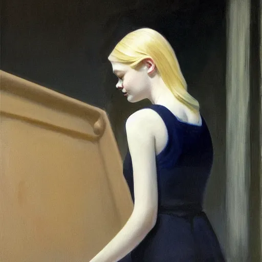 Prompt: Painting of Elle Fanning rising from the grave, long blonde hair, delicate, pale milky white porcelain skin, by Edward Hopper. 8K. Extremely detailed.