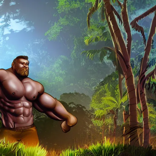 Image similar to a man with a big muscle holding a weapon in the middle of a jungle it's a sunny day and in the background there is a camp surrounded by a couple of trees digital concept art