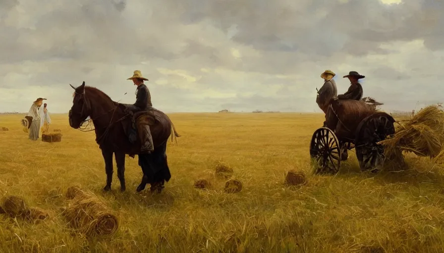 Image similar to simple amish farmers shocking hay in open fields, art by anders zorn, wonderful masterpiece by greg rutkowski, beautiful cinematic light, american romanticism thomas lawrence, greg rutkowski