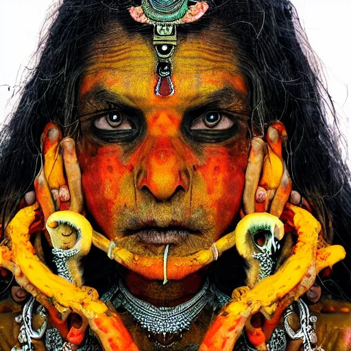 Image similar to realistic exposed expired fuji film portrait of aghori tantrik india woman, tentacled creature mix, marigold celestial vibe, hyperrealism, hypermaxiymalism, photorealistic, detailed, atmospheric, 8 k, award winning photography, cinematic