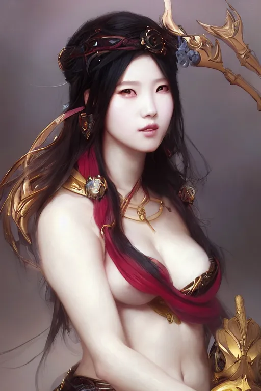 Image similar to A portrait of a female korean model as Ishtar the goddess of love, Stjepan Sejic, Ruan Jia, and Mandy Jurgens, and Artgerm, and william adolphe bouguereau, highly detailed, trending on artstation, award winning