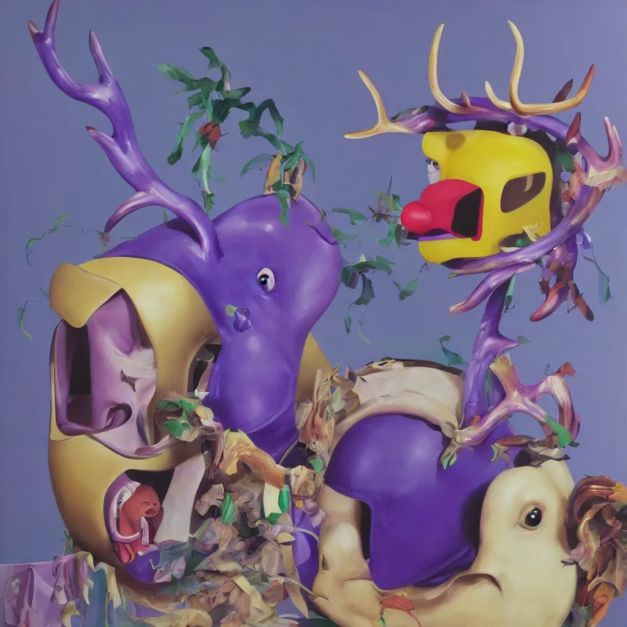 Image similar to rare hyper realistic painting by dennis hopper, studio lighting, brightly lit purple room, a blue rubber ducky with antlers laughing at a giant crying rabbit with a clown mask
