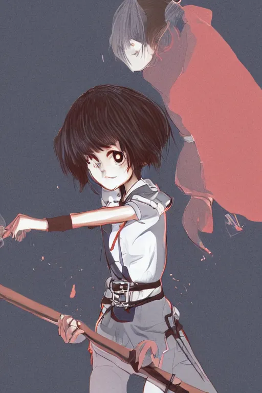 Image similar to young-looking dark-skinned female mage with brown bob-cut hair, wearing white shirt and necklace with grey short-sleeved jacket with red trim, belt, black pants and boots with red lacing, and carrying a wooden staff with floating red crystals. illustrated by Viorie