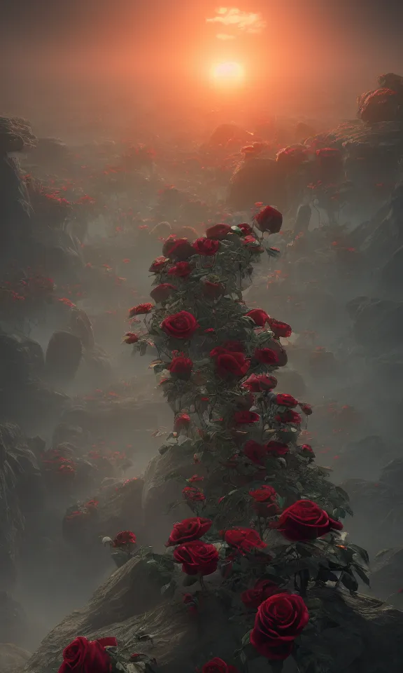 Prompt: the dawn brought by a thousand roses, featured in artstation, octane render, cinematic, elegant, intricate, ultra detailed, rule of thirds, professional lighting, unreal engine, fantasy, concept art, sharp focus, illustration, 8 k