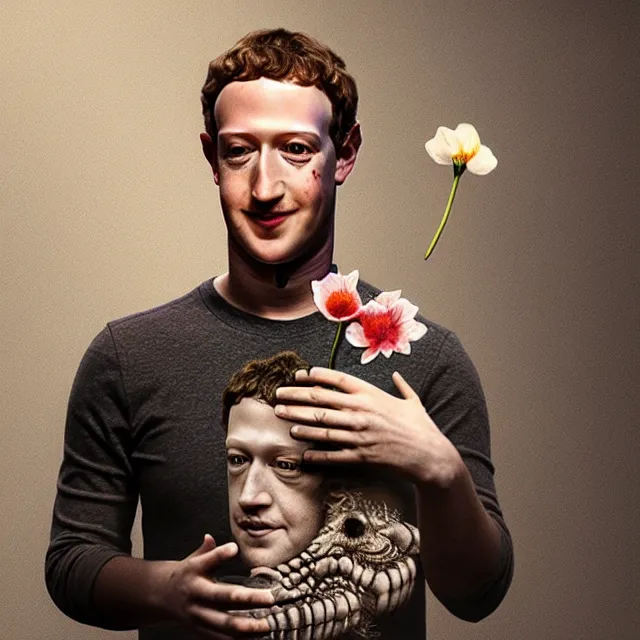 Image similar to mark zuckerberg holding a flower by hr giger, trending on artstation, realistic, detailed, concept art, horror, illustration