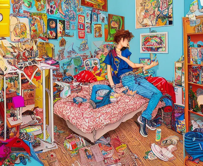 Image similar to highly detailed colorful illustration of a teenager in her room in the 9 0's, very detailed, clean shaped illustration by kim jung gi, ron english and eiichiro oda