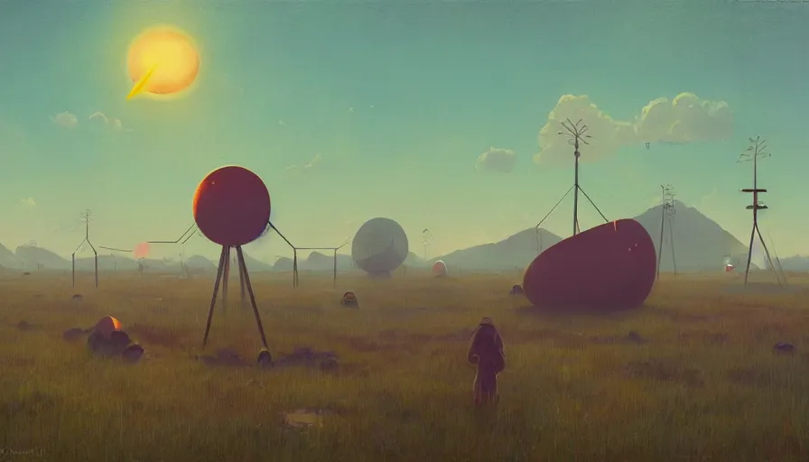 Image similar to space antennas, sun in the sky, early morning, open field, hexagon blocking the sun, simon stalenhag, art deco painting