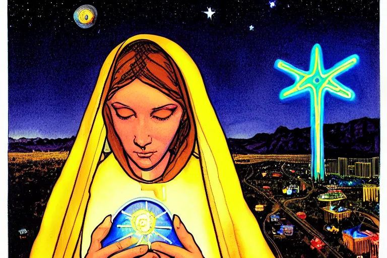 Image similar to a hyperrealist watercolour character concept art portrait of the blessed virgin mary protecting the city from an alien invasion on well lit starry night in las vegas, nevada. neon lights. there is a man in black. by rebecca guay, michael kaluta, charles vess and jean moebius giraud
