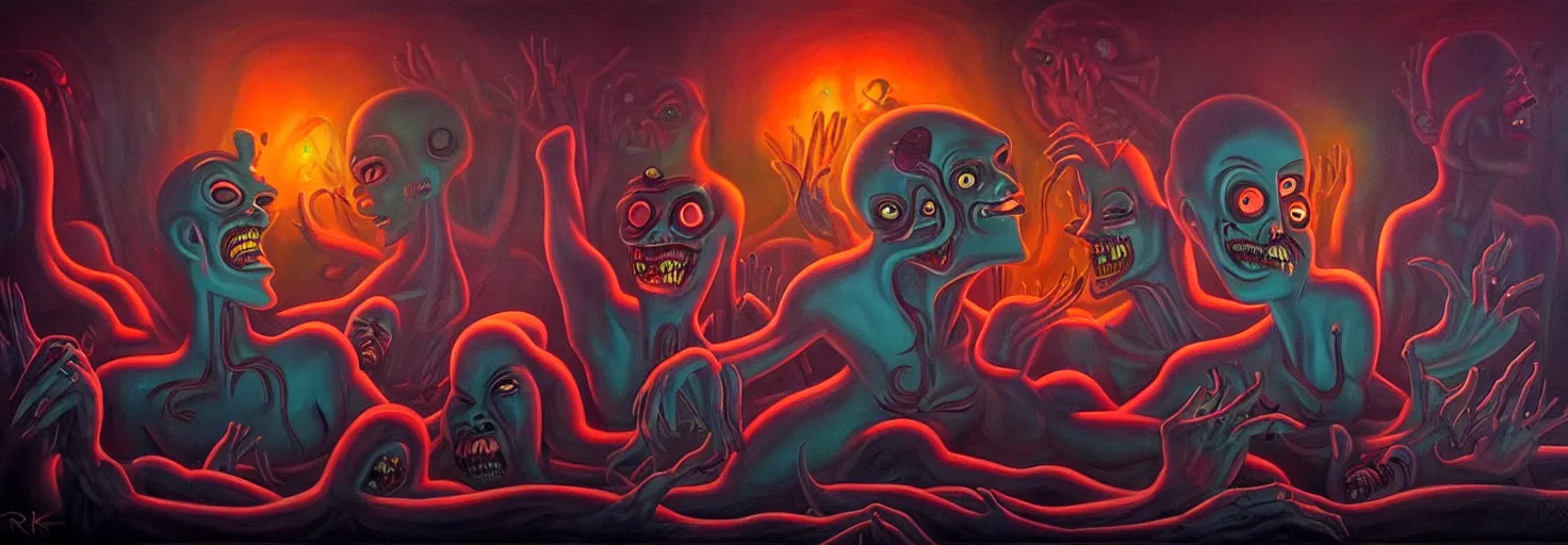 Image similar to visceral freaky obsessive monsters from the darkest depths of collective unconscious, dramatic glowing lighting, 1 9 3 0 s fleischer cartoon characters, wild emotional expressions - surreal painting by ronny khalil