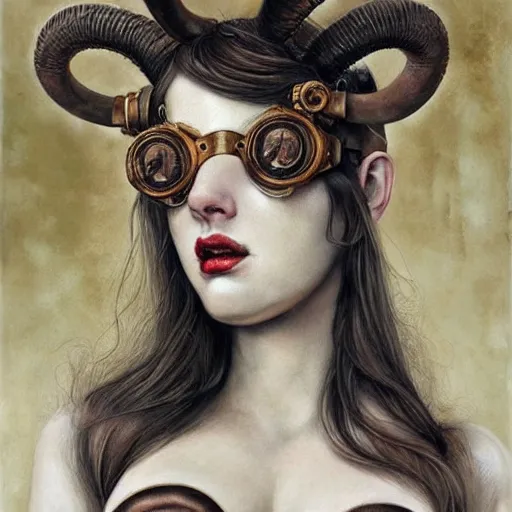 Prompt: a hyperrealistic portrait painting of a beautiful woman with demon horns wearing steampunk goggles, by santiago caruso, highly detailed,