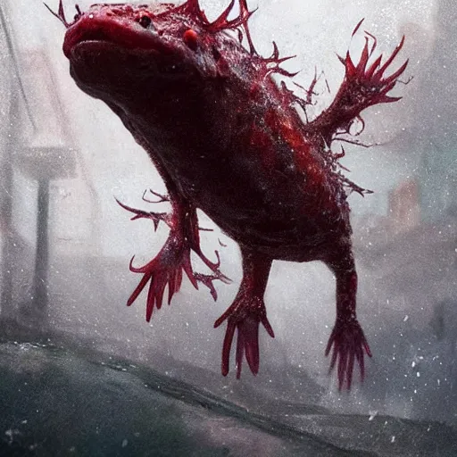 Image similar to highly detailed shocked Axolotl hit by lightning from the sky in a small puddle, thunder, dramatic, dark, fantasy, digital art, hyperrealistic, cinematic lighting, Greg Rutkowski, Trending on Artstation, highly detailed