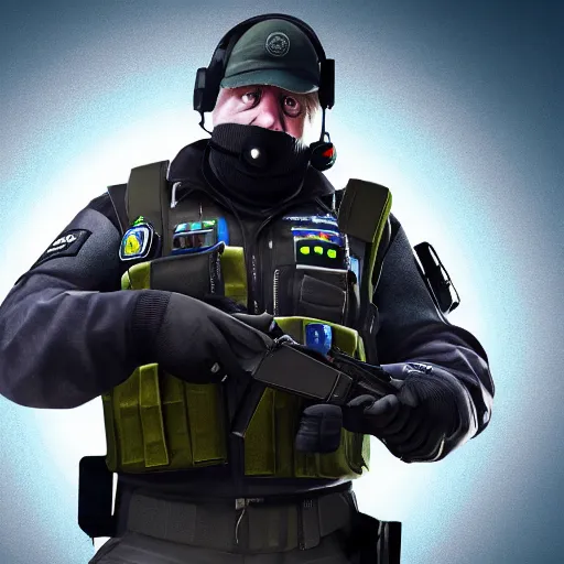 Image similar to boris johnson as a rainbow six siege operator, 4 k, highly detailed