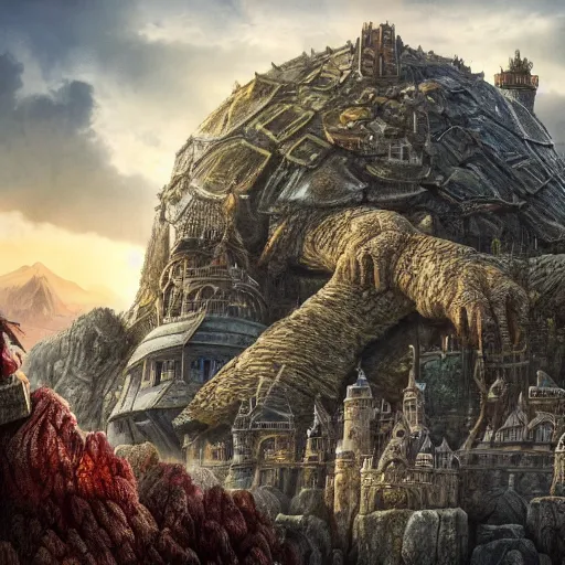 Prompt: large fantasy castle rising from the top of a giant tortoise that is towering over a harsh barren wasteland, centered in frame, howls moving castle, mortal engines, kaiju, distance - shot, fantasy, hyper detailed, 4 k