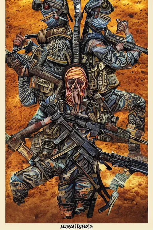 Image similar to taliban anarchy. symmetrical anatomy, very detailed design, complexity of the picture, with pop punk style, colorful, accompanied by body, pure image without duplication, dribble popular, drawn by ilya kushinov and vinicius gud and gustavo zambelli, intricate, ultra high definition, super scale rendered