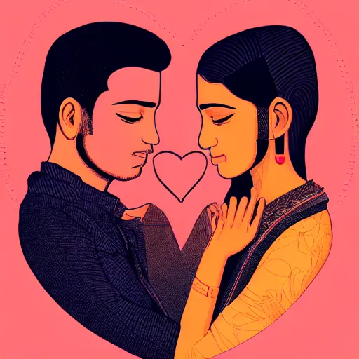 Image similar to perfectly centered symmetrical split male and female portrait of young indian man and woman in love sharing one heart. illustration, highly detailed, simple, no jagged lines, smooth, artstation, artwork by chip zdarsky