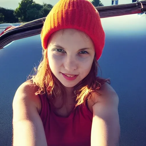 Prompt: girl lounging in a convertible car wearing an orange beanie and a sleeveless shirt, selfie, faint smile