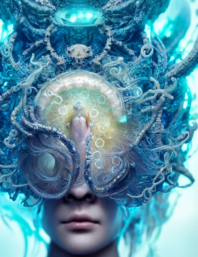 Image similar to goddess macro close - up portrait in crown made of ram skull. betta fish, jellyfish phoenix, bioluminiscent, plasma, ice, water, wind, creature, super intricate ornaments artwork by tooth wu and wlop and beeple and greg rutkowski