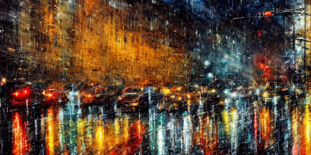 Prompt: raining night, streets, cars, building, cold, lights, rain, by mark lague, 4 k, wallpaper,