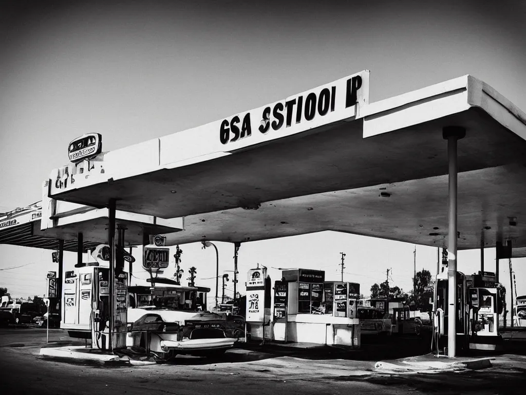 Image similar to “A black and white 28mm photo of a vintage gas station in Los Angeles by estevan oriol”