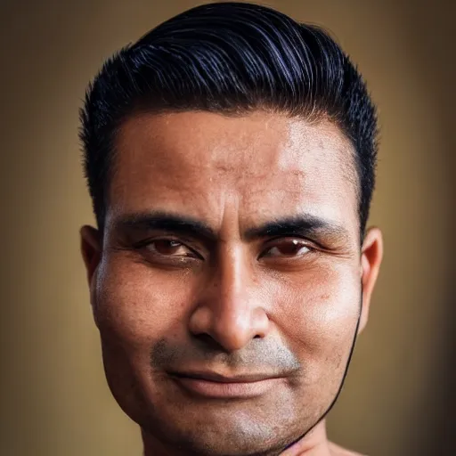 Image similar to close up of face of good looking 4 0 year old peruvian man with clean shaven face, no beard, very short straight black in a short pompadour style, color portrait, 4 k