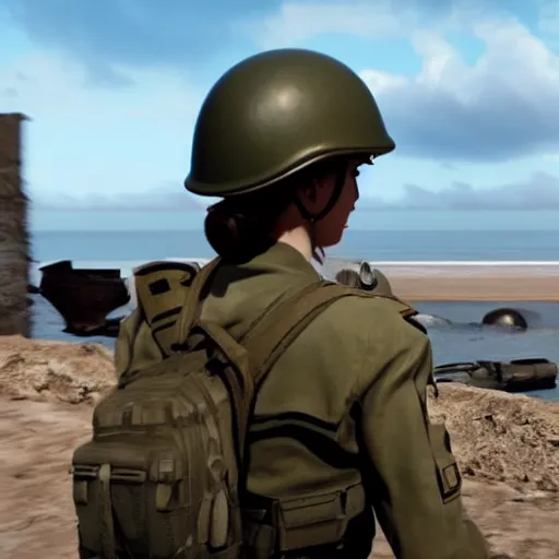 Prompt: footage of emma watson in d - day, unreal engine 5 highly rendered, radiant light, detailed and intricate environment, wide angle, cinematic lighting