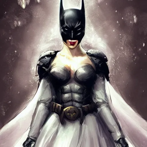 Prompt: batman as an attractive young smiling woman wearing a mushroom crown and heavy armoured wedding dress, face portrait, hd shot, digital portrait, beautiful, fantasy art, artstation, comic style, by artgerm, guy denning, jakub rozalski, magali villeneuve and charlie bowater