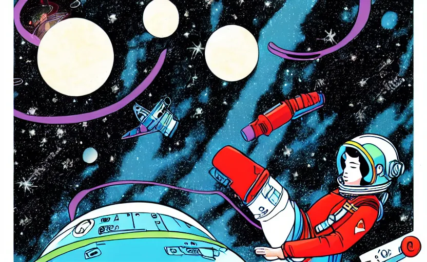 Image similar to a female astronaut floating in a scenic space environment in the style of yoko tsuno