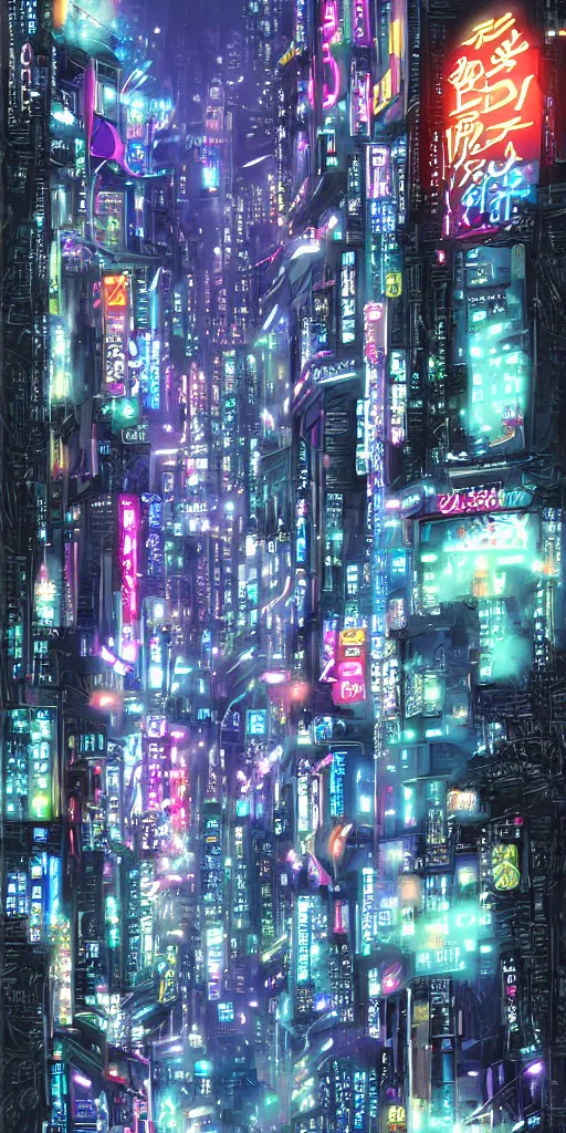 Prompt: Neo-Tokyo 20XX Skyline, cyberpunk Tokyo, rain falling on neon, art by kirokaze