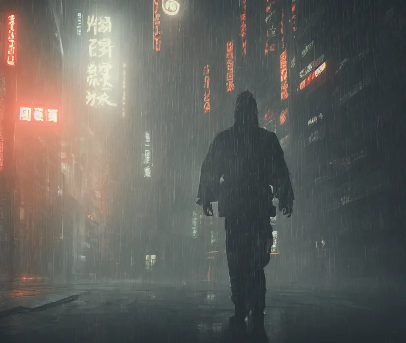 Image similar to 'a samurai in night city cyberpunk thematic , gloomy and foggy atmosphere, octane render, artstation trending, horror scene, highly detailded'