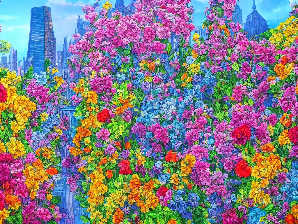 Image similar to city in bloom, colorful detailed painting, lots of details, 4k