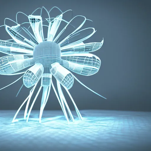 Image similar to big robotic flower, 3 d render, octane engine