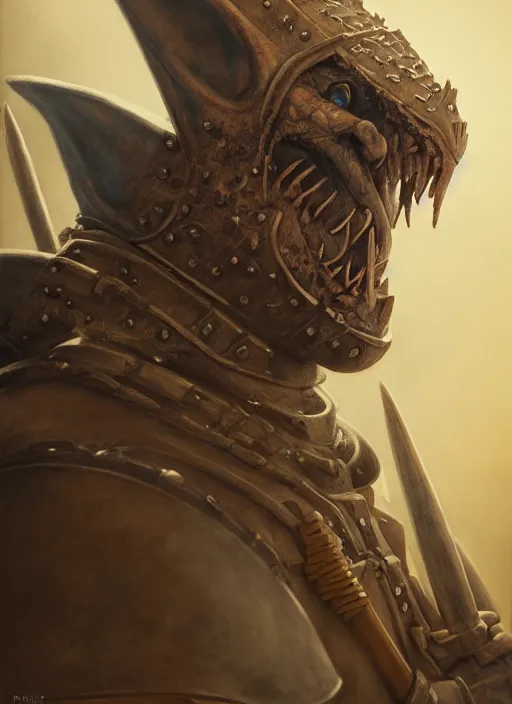 Image similar to highly detailed closeup portrait of a medieval goblin dressed as a knight, stephen bliss, unreal engine, greg rutkowski, ilya kuvshinov, ross draws, hyung tae and frank frazetta, tom bagshaw, tom whalen, nicoletta ceccoli, mark ryden, earl norem, global illumination, god rays, detailed and intricate environment