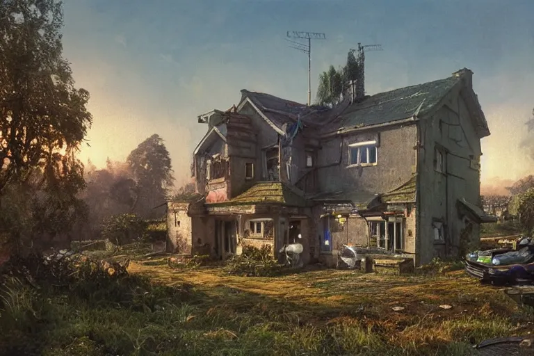 Prompt: cyberpunk, an estate agent listing photo of a 5 bedroom detached house in the countryside, by Paul Lehr, highly detailed, photorealistic, 8k, anamorphic, cinestill cinematrography