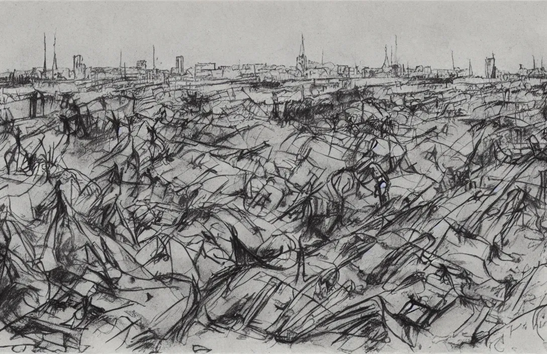 Image similar to milt kahl sketch of world war 1 trenches with the city of miami in the background