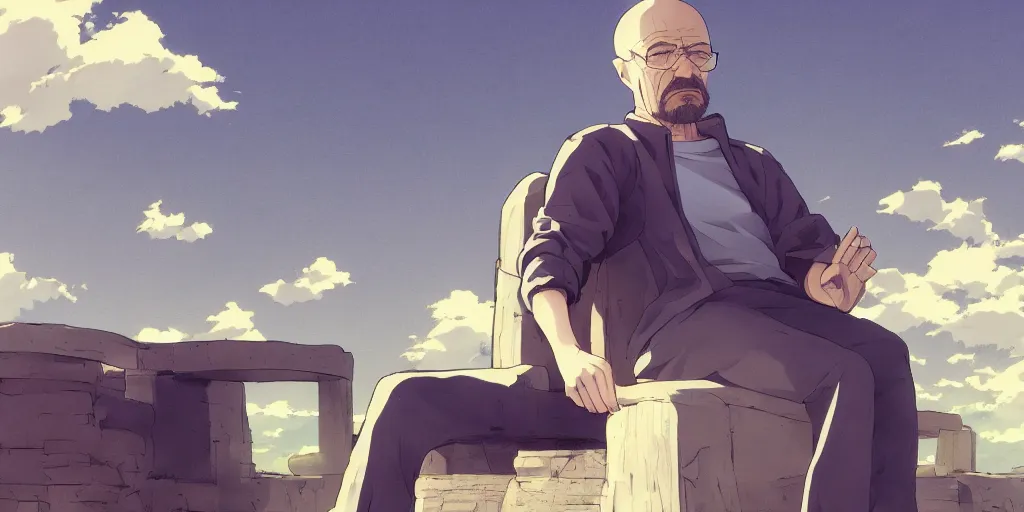 Image similar to walter white sitting down anime style, countryside, calm, fantasy character portrait, dark outlines, dynamic pose, above view, sunny day, artwork by makoto shinkai, very coherent asymmetrical artwork, sharp edges, perfect face, simple form, 1 0 0 mm, wallpaper