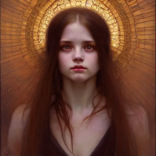 Image similar to portrait of an innocent girl manifesting eternity in a blink, face, fantasy, intricate, elegant, dramatic lighting, highly detailed, lifelike, photorealistic, digital painting, artstation, concept art, smooth, sharp focus, illustration, art by John Collier and Krenz Cushart and Artem Demura and Alphonse Mucha and and Albert Aublet