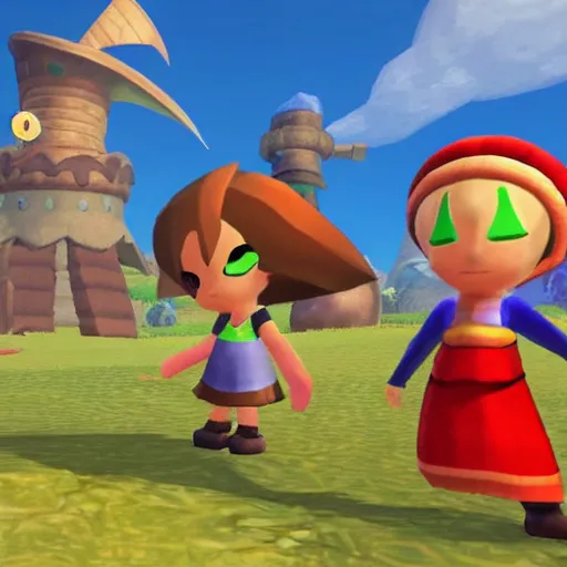 Image similar to “a still of Chrono Cross, Wind Waker, and Yoku’s Island Express crossover game”