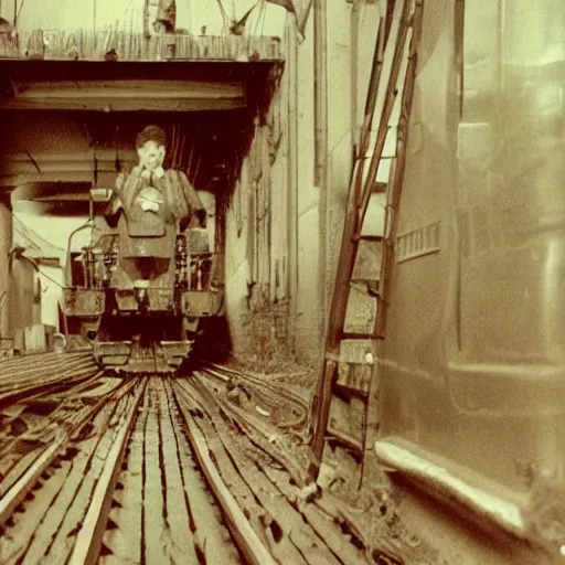 Prompt: the disembodied spirit of a dangerous railroad worker, Boxcar on the railroad, Cinematic, 35mm, film still from horror movie