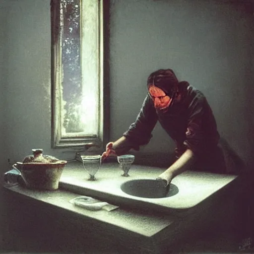 Image similar to Johny Depp washing dishes by Zdzislaw Beksinski