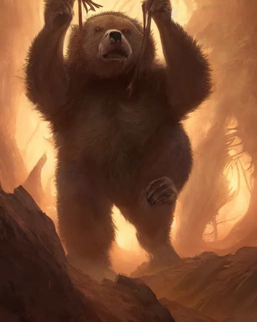 Image similar to Laughing Bear Musician, magic the gathering artwork, D&D, fantasy, cinematic lighting, centered, symmetrical, highly detailed, digital painting, artstation, concept art, smooth, sharp focus, illustration, volumetric lighting, epic Composition, 8k, art by Akihiko Yoshida and Greg Rutkowski and Craig Mullins, oil painting, cgsociety