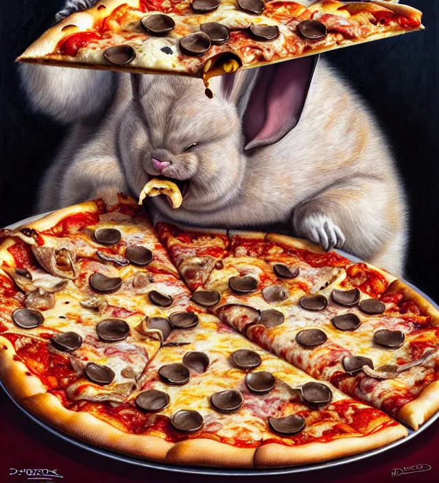 Prompt: hyper realistic derpy looking big chungus eating greasy pizza, pizza is everywhere, weird, strange, bizarre, surreal, epic composition, 2 0 0 mm focal length, painted by donato giancola, insanely quality, highly detailed, masterpiece, artstation, 4 k