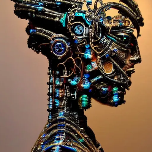 Image similar to close - up side view portrait of cyborg ( ( ( ( ( ( ( geisha ) ) ) ) ) ) ), robotic, machina, super intricate ornaments artwork.