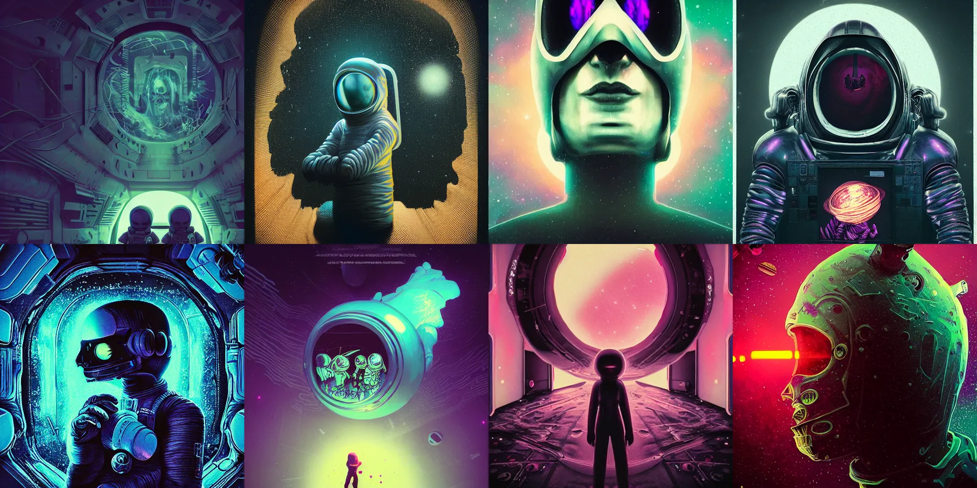 Image similar to beautiful dark astronaut, horror poster 9 0 s, cosmic horror, abstract, ghostly, arcade, duotone, poltergeist, lets get weird, intricate, elegant, highly detailed, smooth, sharp focus, unreal engine 5, raytracing, art by beeple and mike winkelmann, ultraviolet colors,