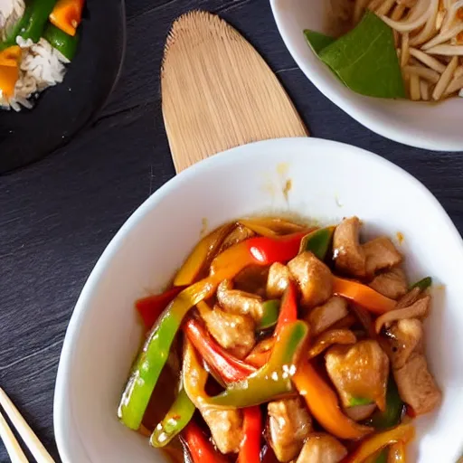 Prompt: anonymous man eats meal at home of thai sweet and sour pork stirfry