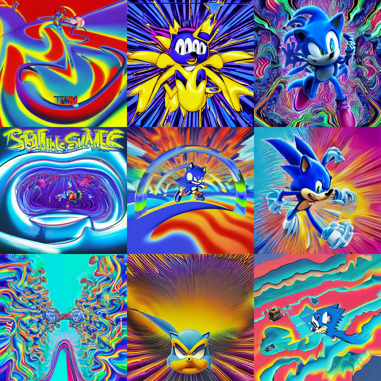 Prompt: surreal, recursive, sharp, detailed professional, high quality airbrush art sonic the hedgehog MGMT tame impala album cover of a liquid dissolving LSD DMT blue sonic the hedgehog surfing through cyberspace, purple checkerboard background, 1990s 1992 Sega Genesis video game album cover