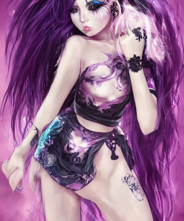 Image similar to kerli koiv anime goth girl with tattoos purple hair in mini skirt and crop top intricate, full body, extremely detailed, artstation, 8 k, sensual lighting, incredible art, wlop, artgerm